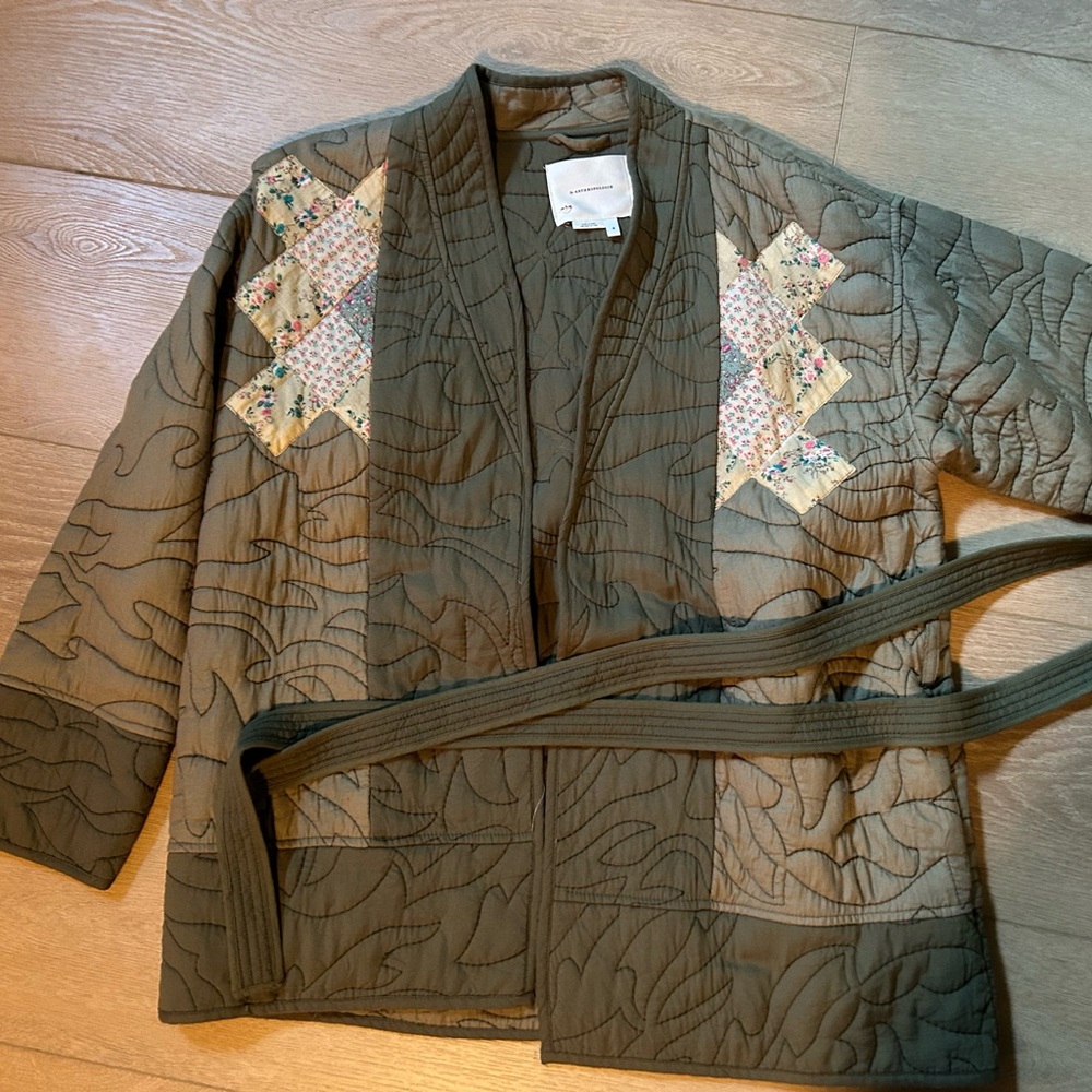 Anthropologie Olive Quilted Utility Jacket with Floral Patch Accents